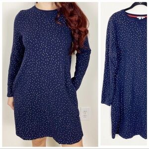 Boden Off Duty Long Sleeve Navy Blue Shift Dress w/ Gold Polka Dots US Size 4